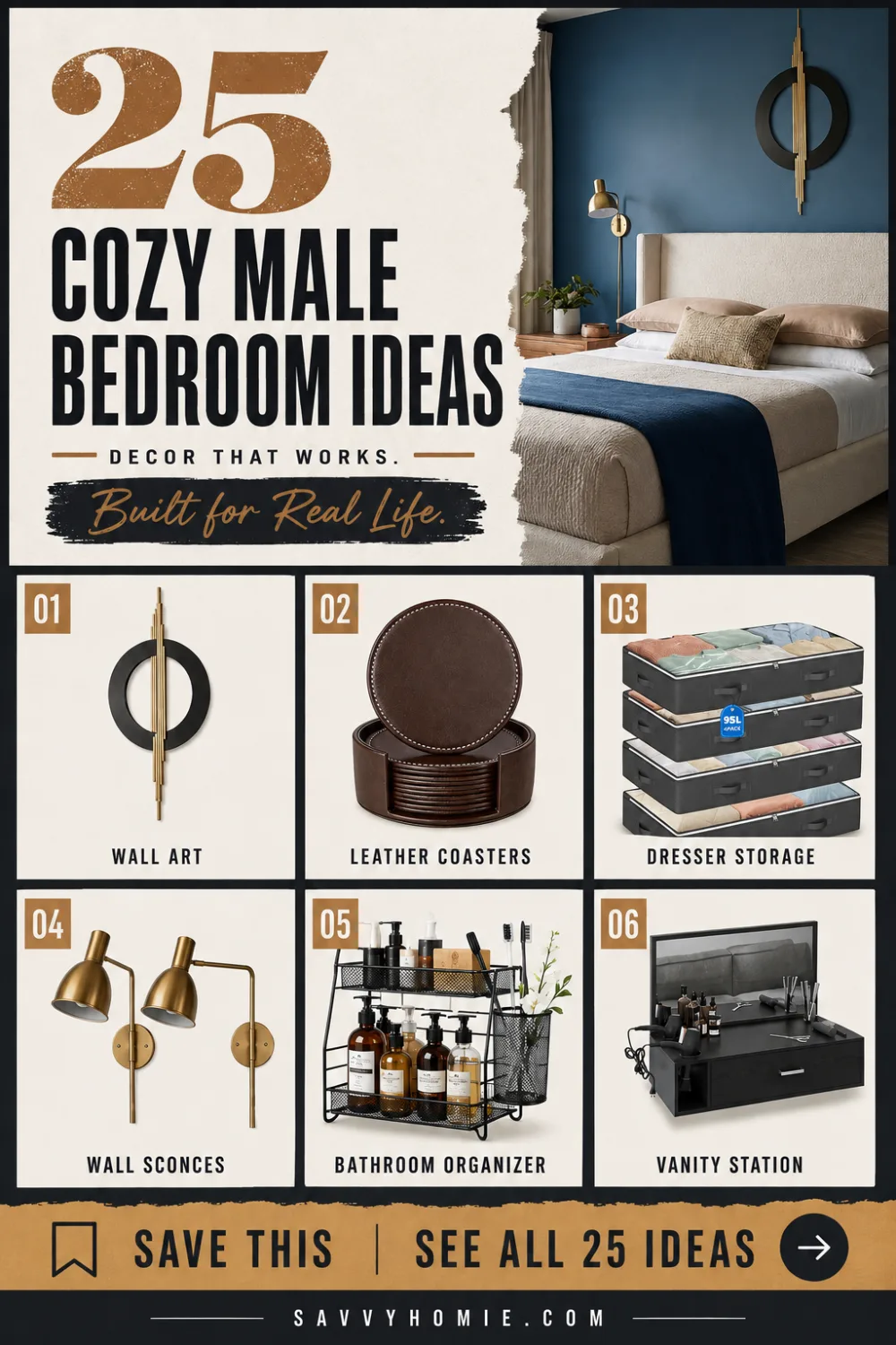 25 Cozy Male Bedroom Decor Ideas Built Around Real Materials, pin this list