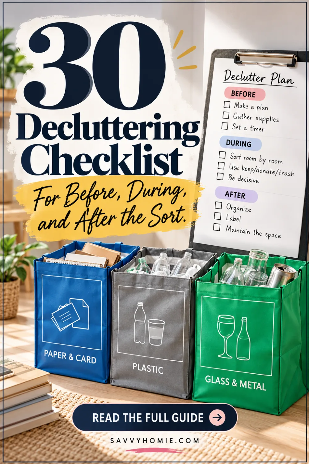 30 Decluttering Checklist Items for Before, During, and After the Sort, pin this list