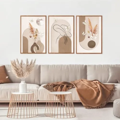 Boho Line Art Print Set with Botanical Accents, 3-Piece