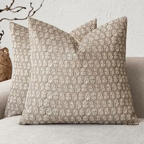 Foindtower Vintage Floral Block-Print Throw Pillow Covers, Set of 2