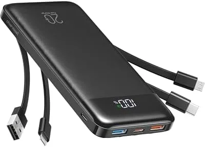Fast-Charging Portable Power Bank with Built-In Cables