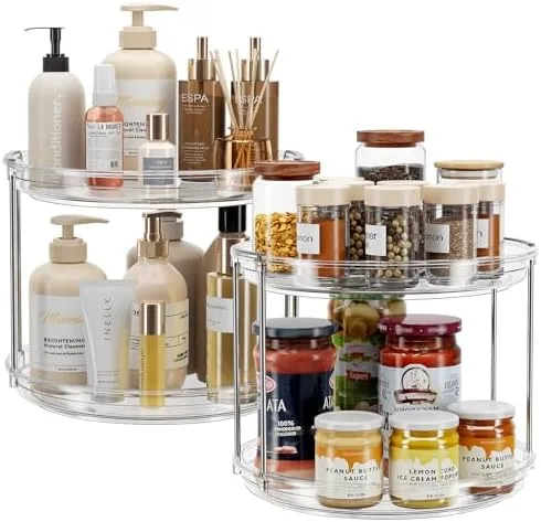 Corral Bathroom Bottles Onto One Turntable Instead of Three Separate Shelves