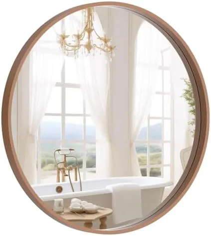 Round Wood-Framed Wall Mirror