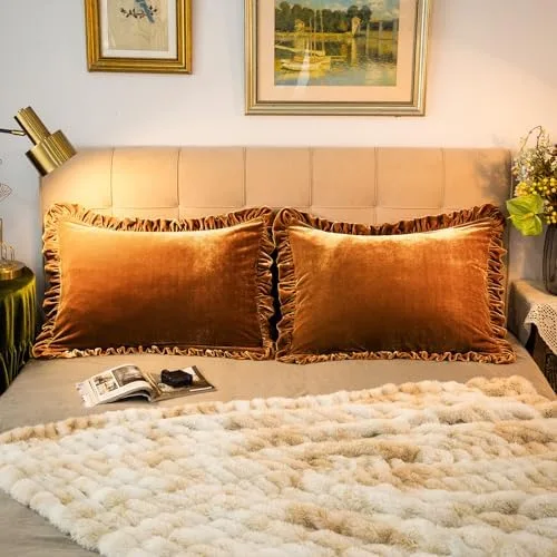 Velvet Ruffle Trim Pillow Shams, Set of 2