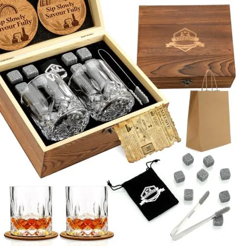 Whiskey Stones and Glasses Gift Box Set