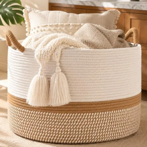Large Woven Blanket Basket with Handles