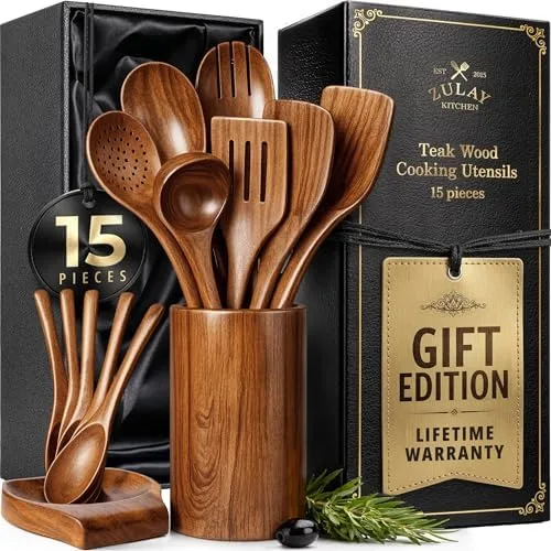 Zulay Kitchen Teak Wood Utensil Set